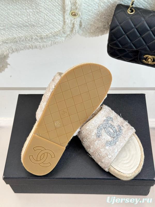 2025/Women Chanel White Lace Espadrille Slides With Sequined CC Logo KFY00240(F)
