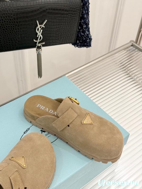 2025 Women Prada Beige Suede Clogs Buckle KFY00280
