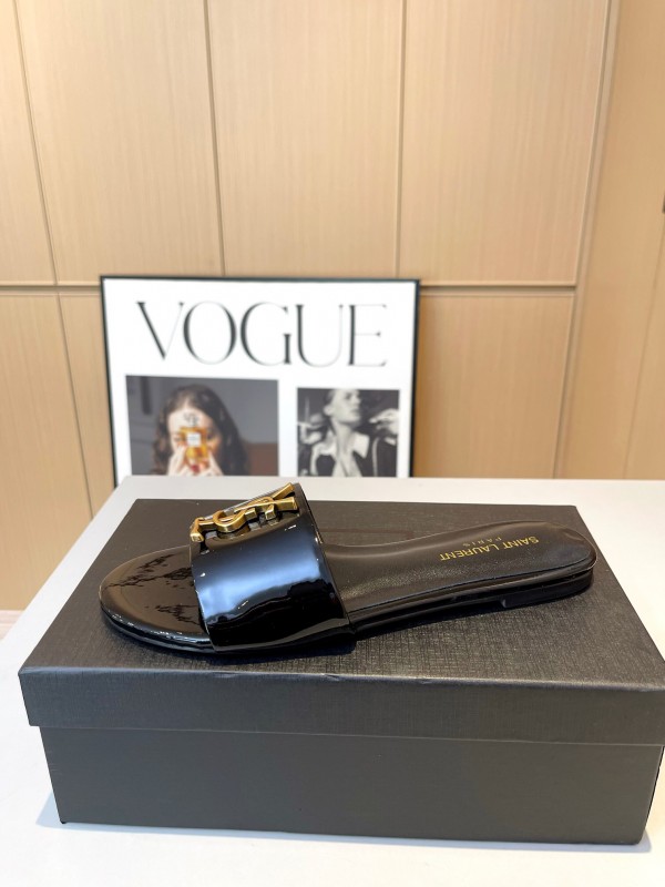 2025 Women Yves Saint Laurent Black Patent Leather Slide Sandals