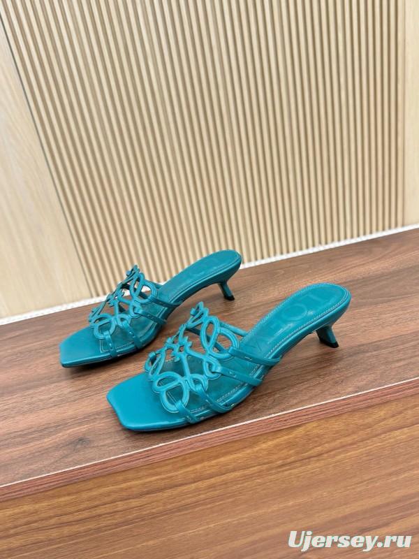 2025 Women Loewe Turquoise Leather Heeled Sandals LY00250