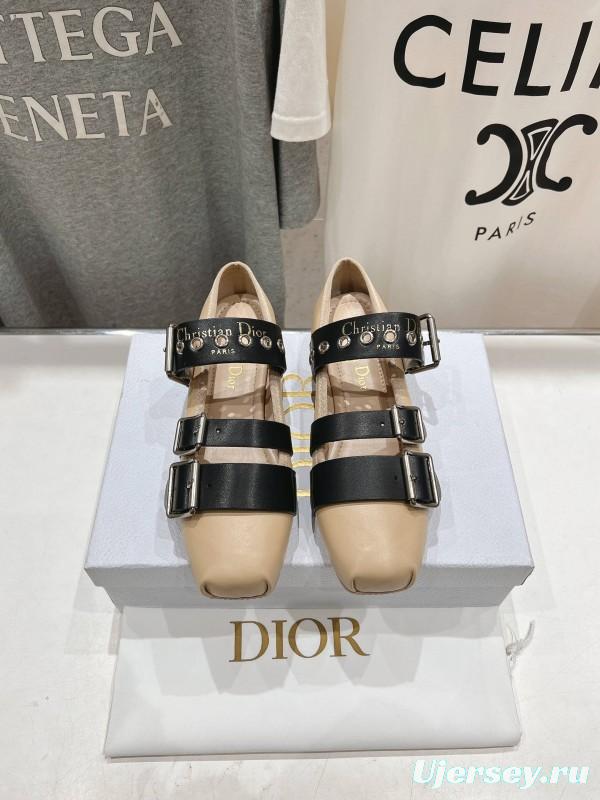 2025 Women Dior Beige Black Leather Mary Jane Buckle KFY00300