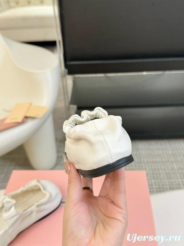 2025 Women Miu Miu White Leather Ballet Flats