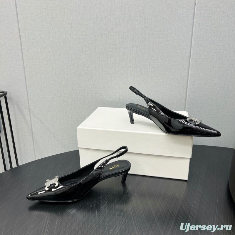 2025 Women Celine Black Patent Leather Slingback Heels KFY00290