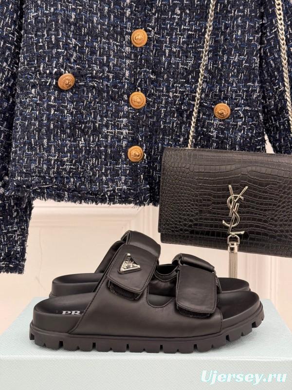 2025 Women Prada Black Leather Slippers KFY00240