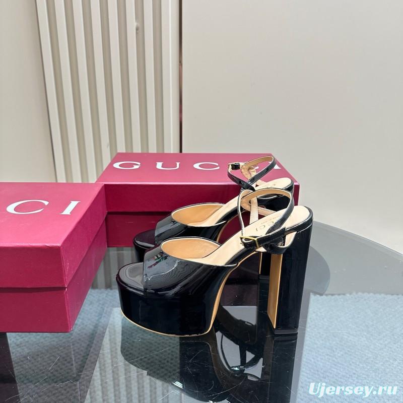 2025 Women Gucci Black Patent Leather Platform Sandals