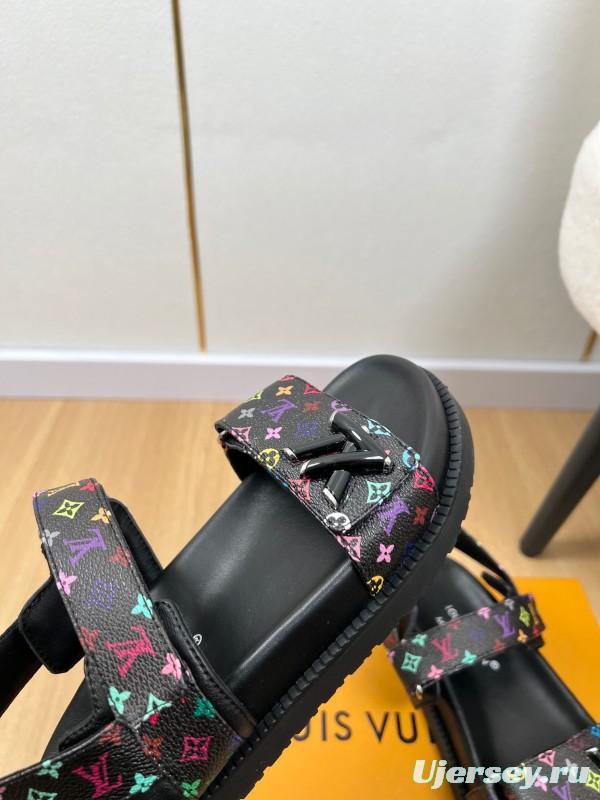 2025 Women Louis Vuitton Black Multicolor Canvas Sandals