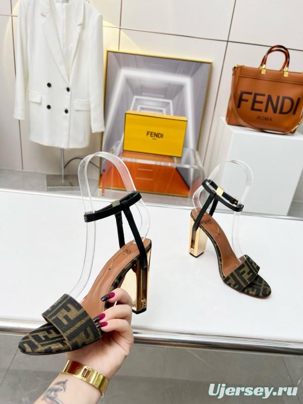 2025 Women Fendi Brown Black Leather Fabric High Heel Sandals