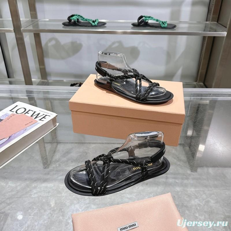 2025 Women Miu Miu Black Leather Rope Sandals