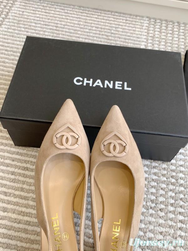2025 Women Chanel Beige Suede Slingback Pointed Toe Heart CC Sandals