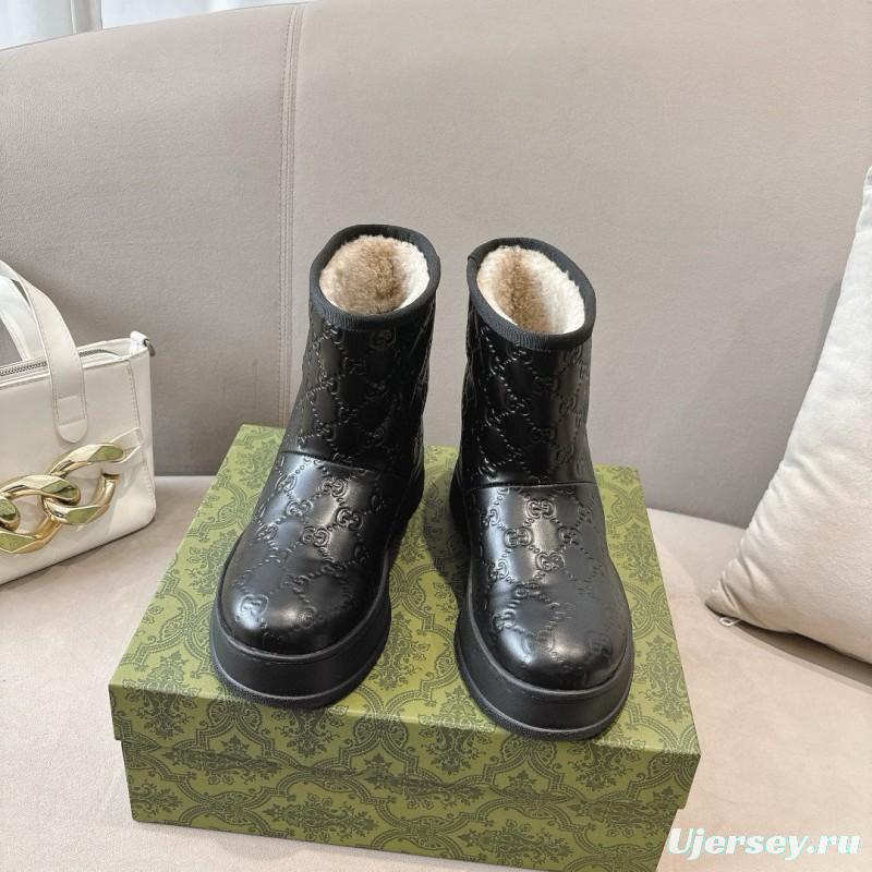 2024 Women Gucci Black Leather Suede Shearling Snow Boots MJ00350