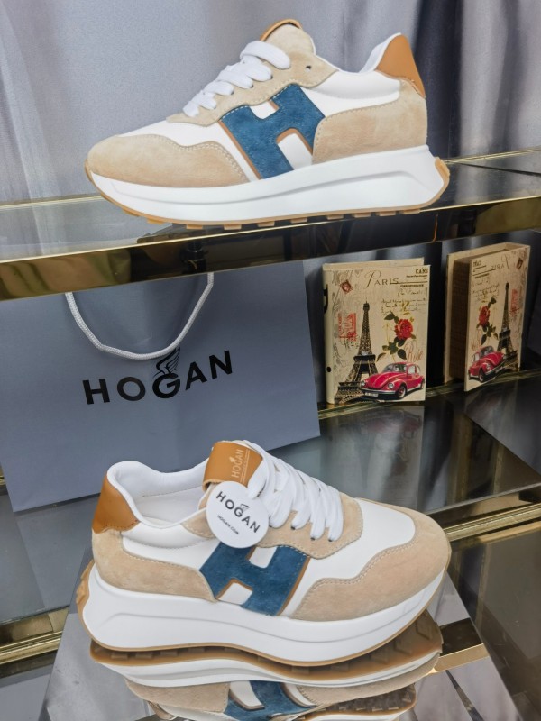 2025 Unisex HOGAN White Beige Blue Leather Suede Platform Sneakers H-STRIPES LY00360(F)/LY00370(M)
