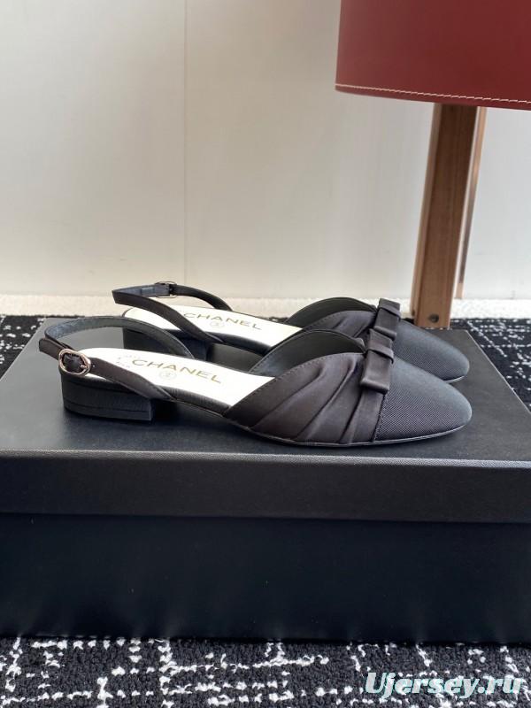 2025 Women Chanel Black Satin Silk Leather Sandals Bow KFY00289