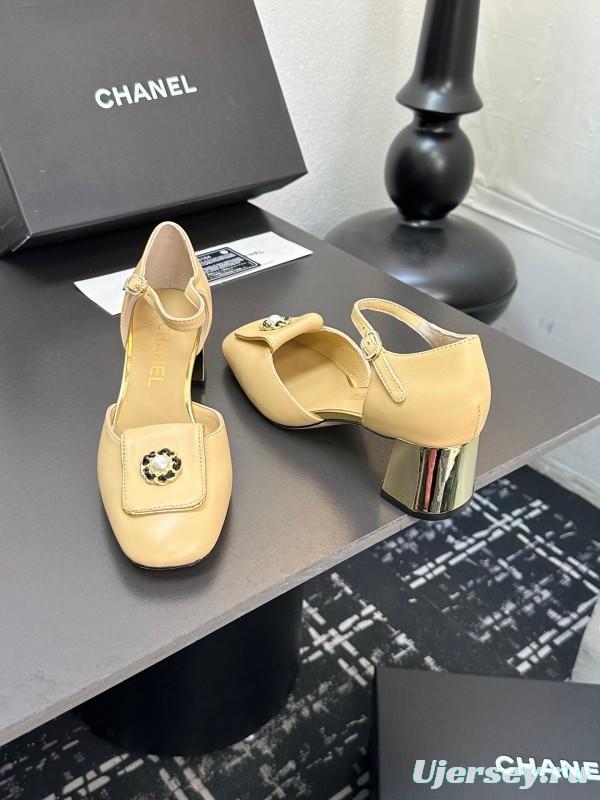2025 Women CHANEL Beige Lambskin Mid Heel Ankle Strap Square Toe Pumps