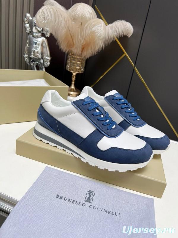 2024 Men Brunello Cucinelli Blue White Suede Calfskin Sneakers MJ00360