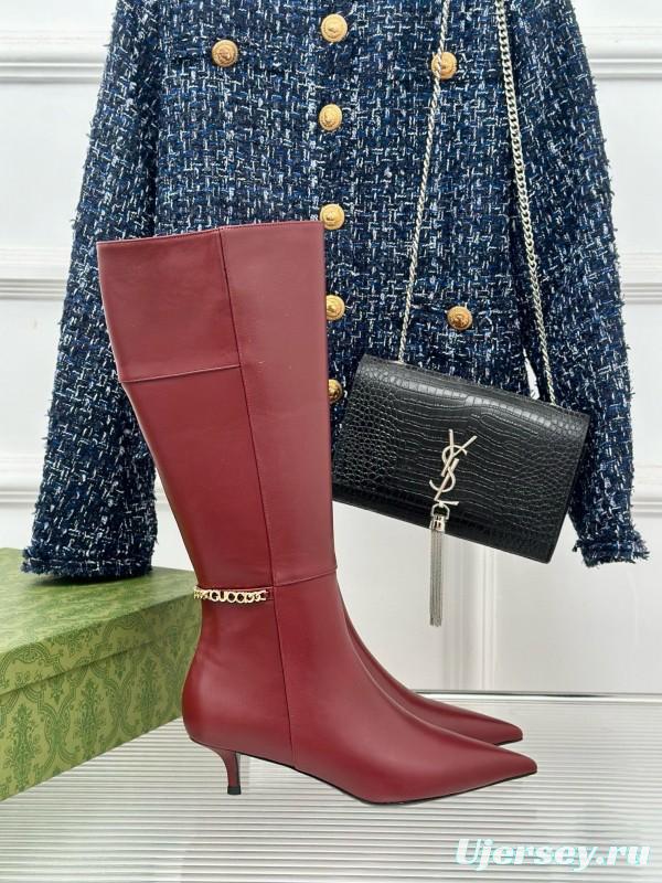 2024 Women Gucci Wine Leather Knee High Boots Chain Link MJ00550