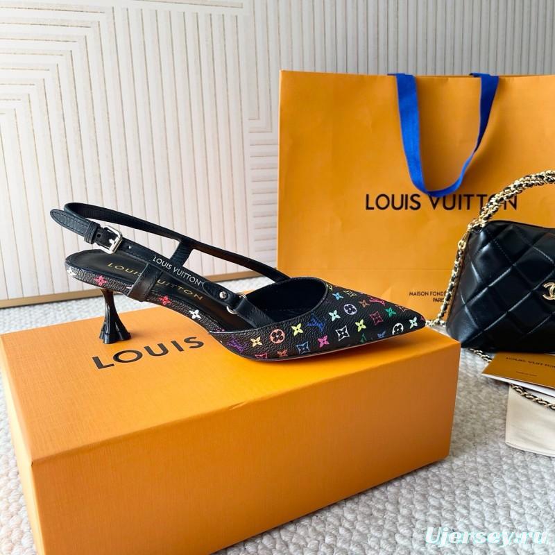 2025 Women Louis Vuitton Multicolor Canvas Leather Slingback Heels KFY00300