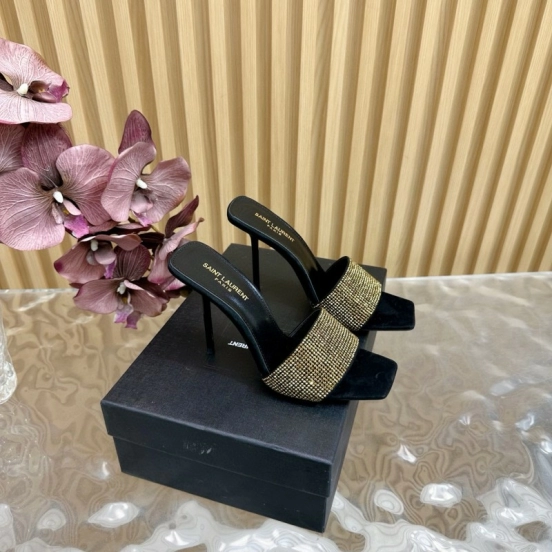 2025 Women Yves Saint Laurent Black Gold Rhinestone Leather High Heel Sandals MJ00300