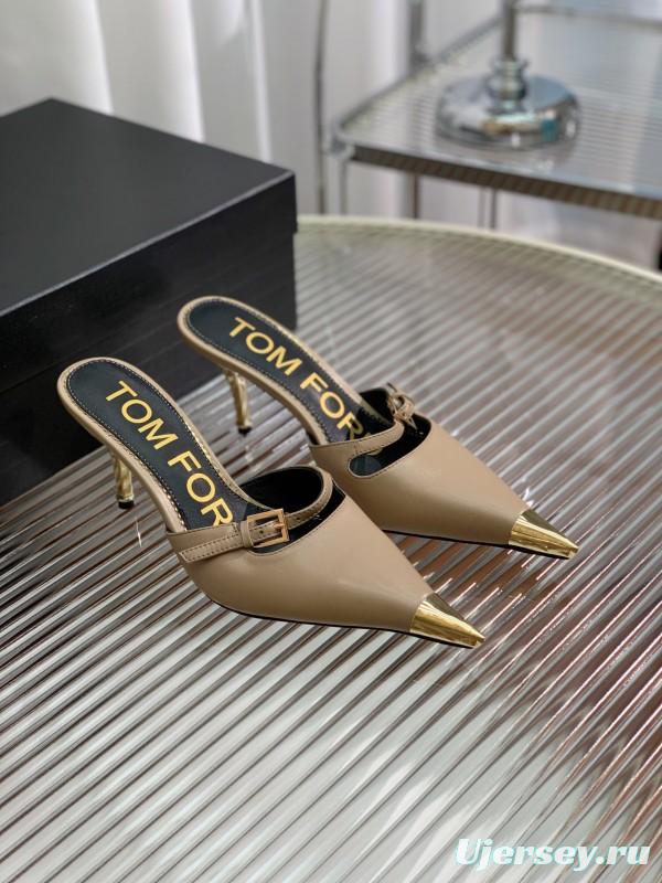 2025 Women TOM FORD Beige Gold Leather Pointed Toe Mules KFY00300