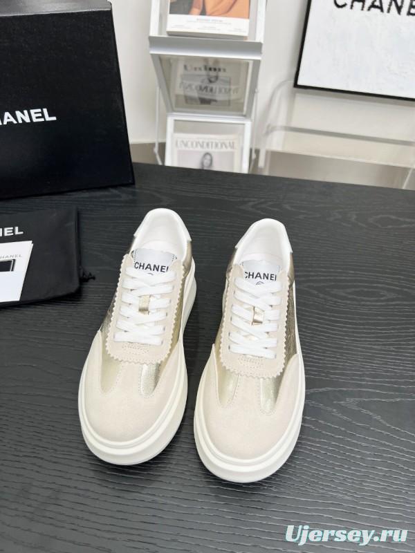 2025 Women Chanel Beige Gold Leather Suede Sneakers LY00290