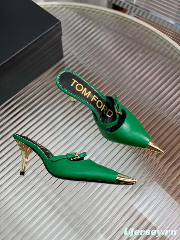 2025 Women TOM FORD Green Gold Leather Pointed Toe Mules KFY00300