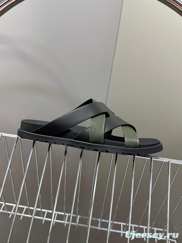 2025 Slippers Hermès Black Green Leather Fabric Slippers