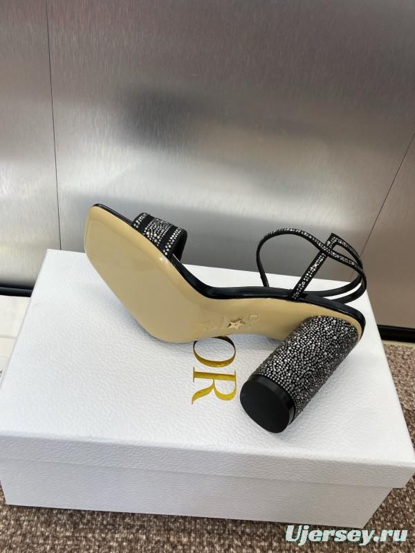 2025 Women Dior Black Patent Leather Crystal High Heel Sandals KFY00320