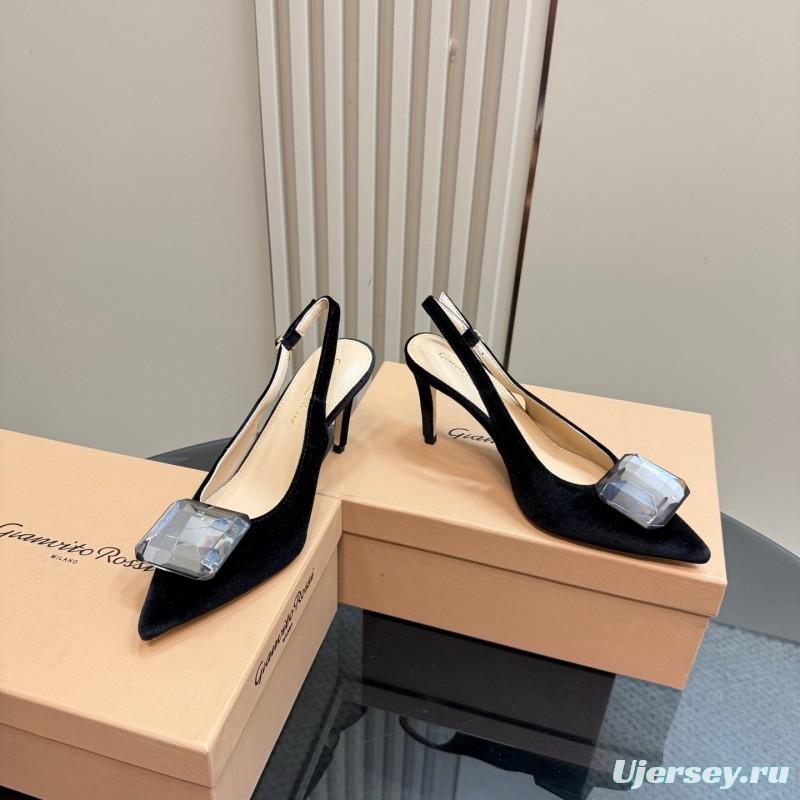 2025 Women Gianvito Rossi Black Velvet Slingback Heels Gemstone Decoration KFY00300