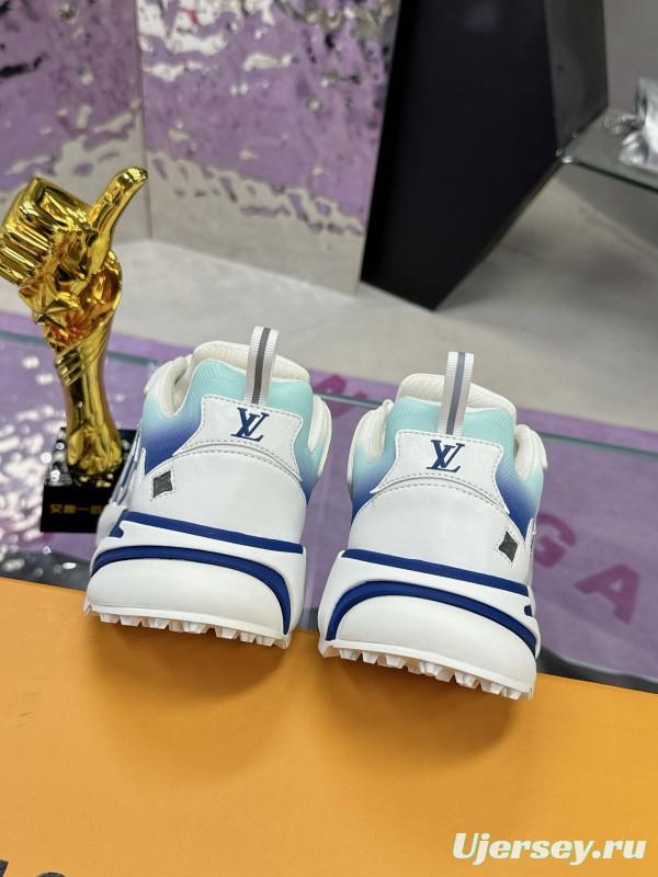 2025 Men Louis Vuitton Blue White Mesh Leather Sneakers MJ00420