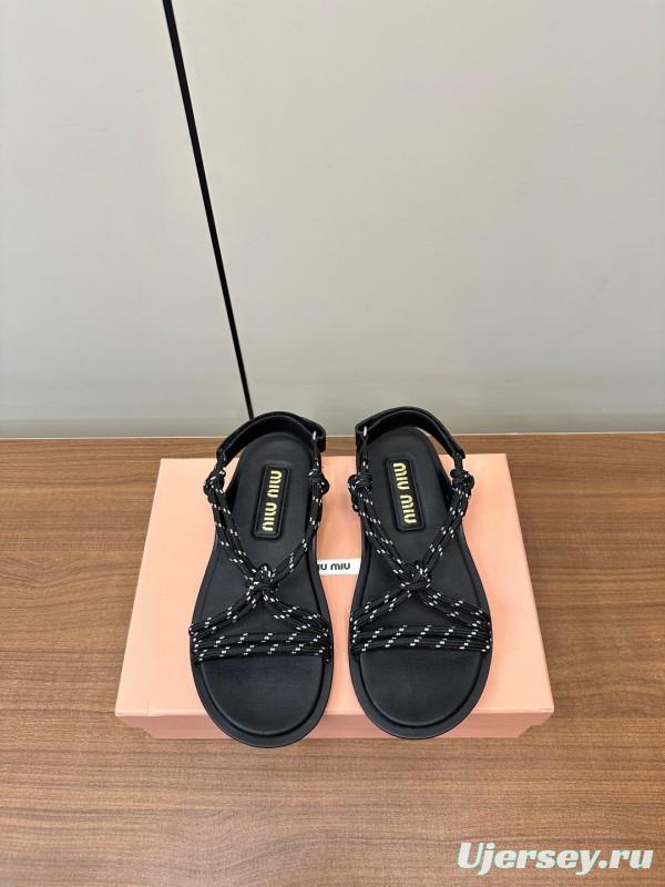 2025 Women Miu Miu Black Leather Rope Sandals
