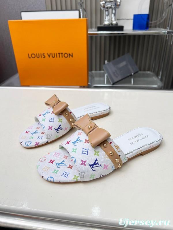 2025 Women Louis Vuitton White Multicolor Leather Slippers Monogram LY00200