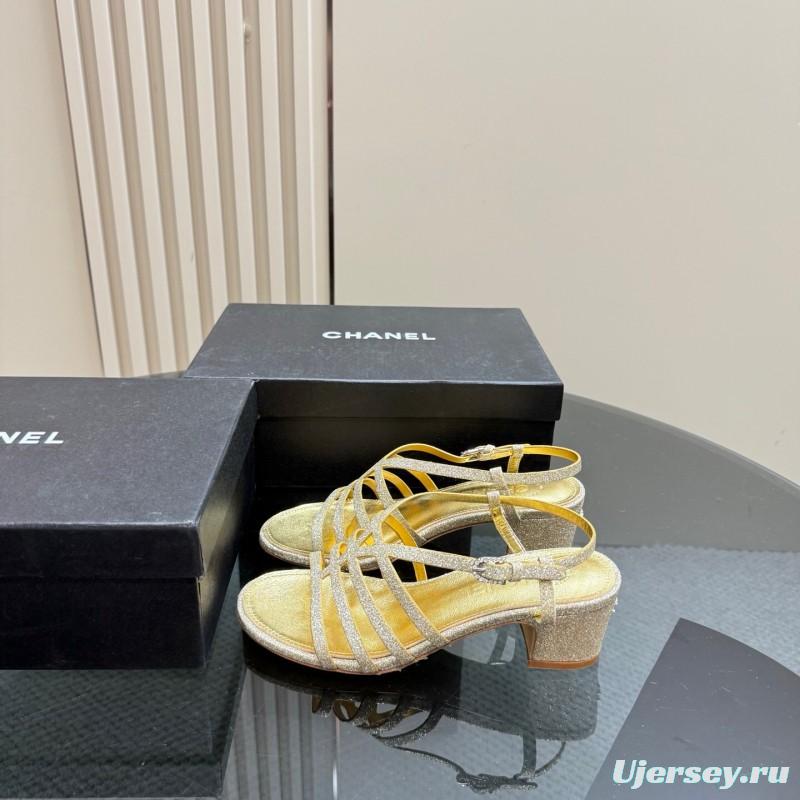 2025 Women Chanel Gold Leather Sandals KFY00290