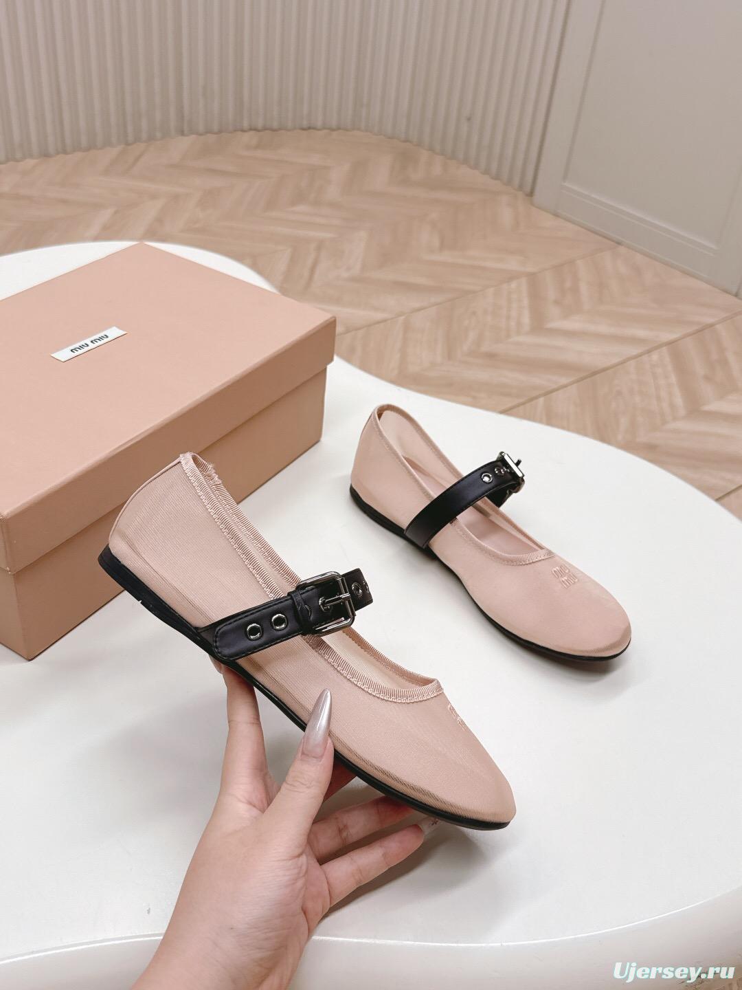 2025 Women Miu Miu Pink Black Fabric Leather Ballet Flats