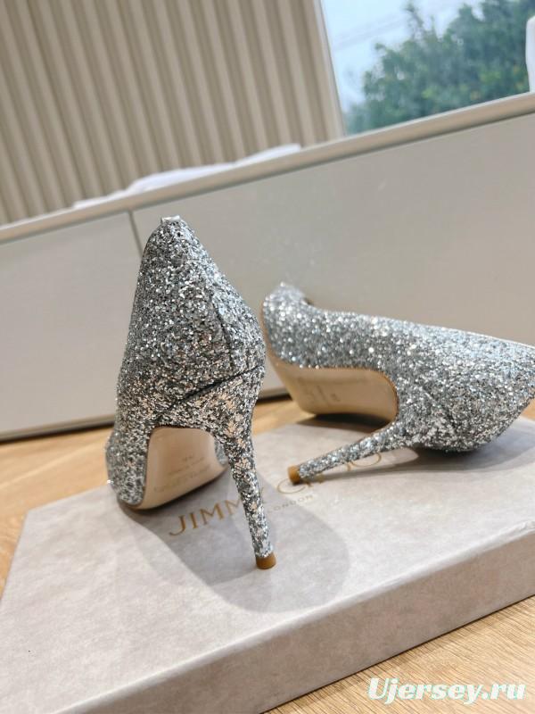 2025 Women Jimmy Choo Silver Glitter Leather Pointed Toe Pumps
