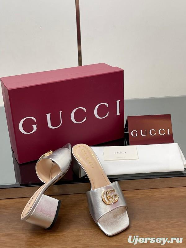2025 Women Gucci Gold Leather Mules GG Emblem LY00280