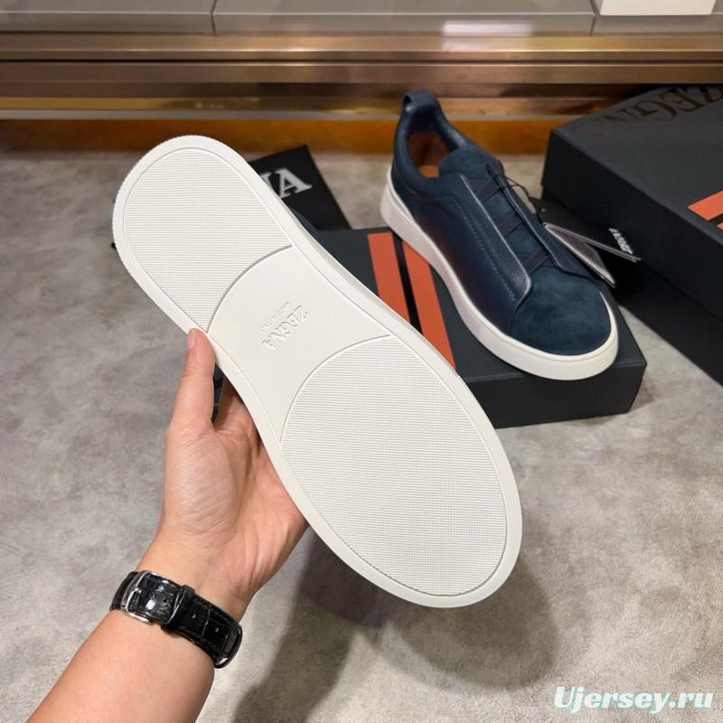 2024 Men Ermenegildo Zegna Blue Leather Suede Sneakers