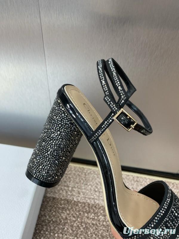 2025 Women Dior Black Patent Leather Crystal High Heel Sandals KFY00320