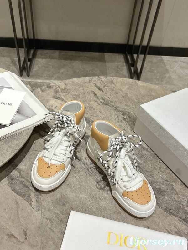 2025 Women Dior White Beige Leather Mesh High Top Sneakers