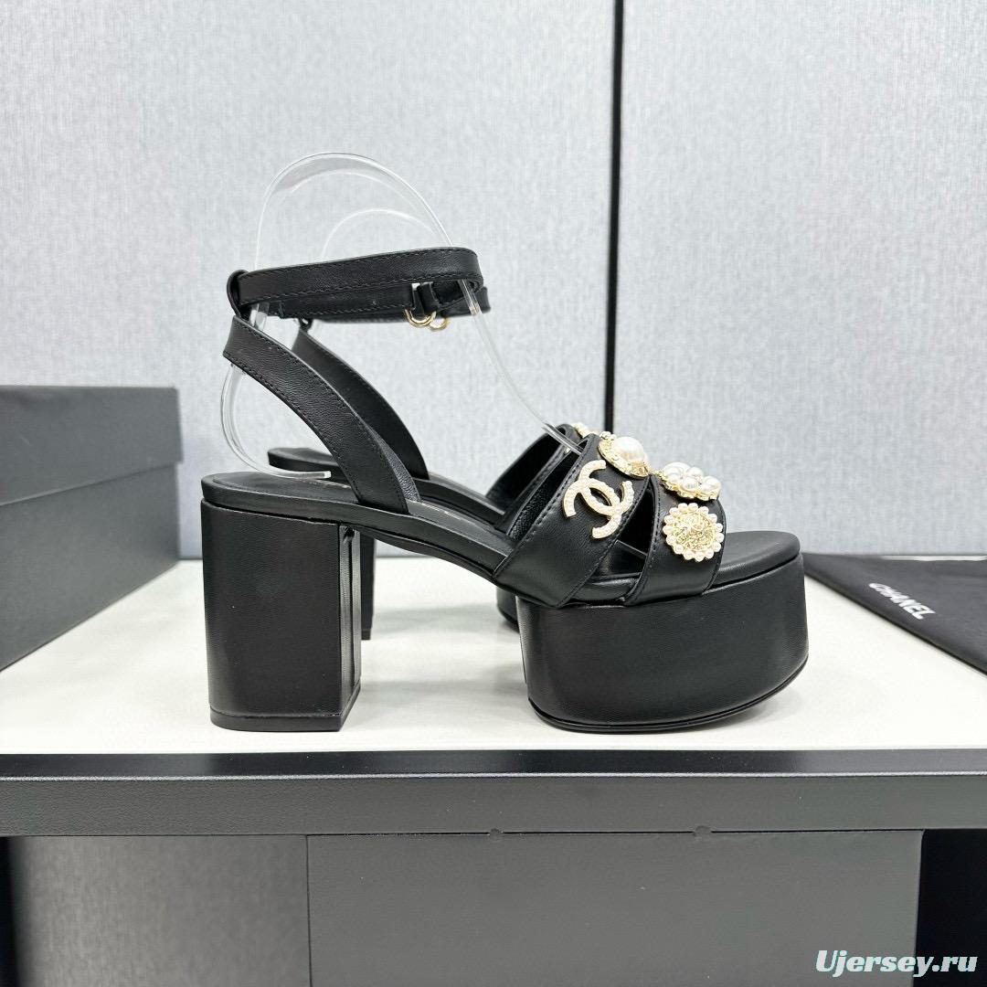 2025 Women Chanel Black Leather Platform Sandals MJ00310