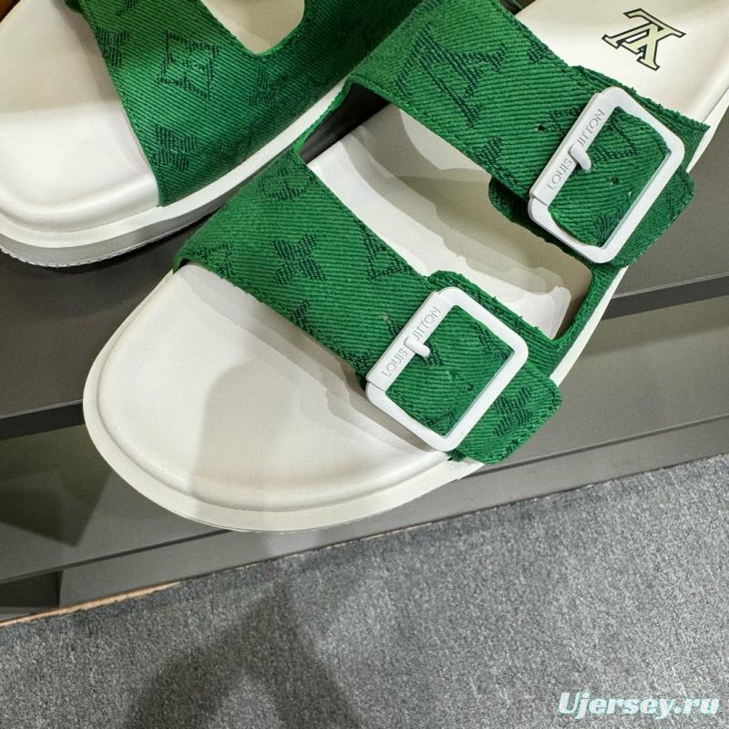 2024 Men Louis Vuitton Green Silk Leather Sandals MJ00210