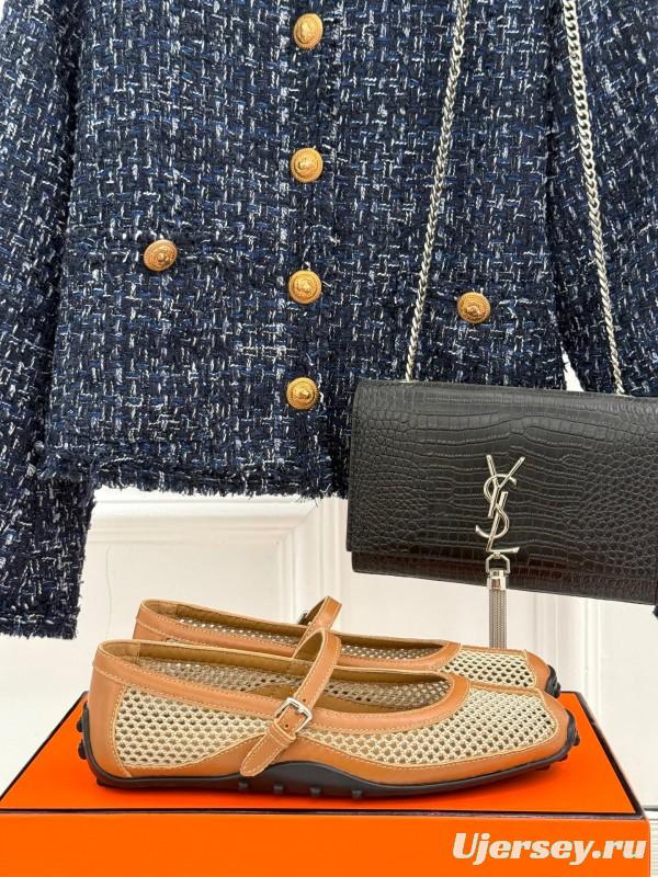 2025 Women Hermès Beige Mesh Leather Mary Jane