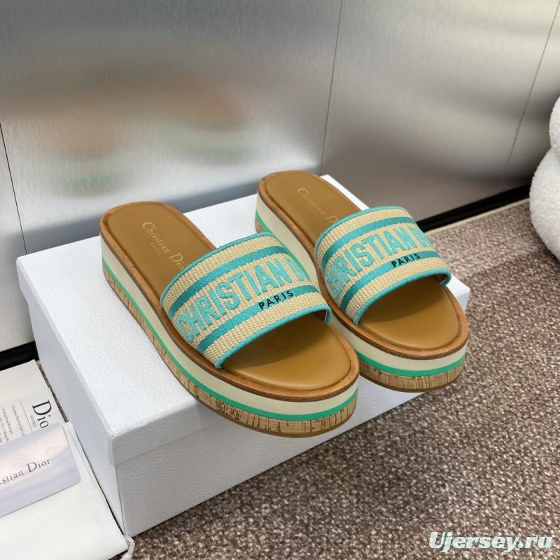 2025 Women Dior Blue Beige Fabric Leather Platform Slide Sandals