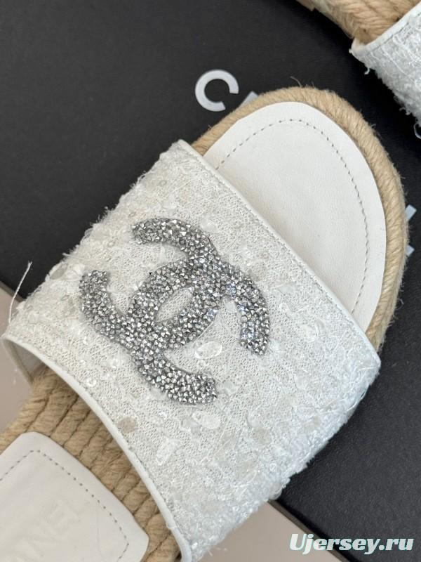 2025/Women Chanel White Lace Espadrille Slide Sandals Handwoven Jute Sole KFY00240(F)