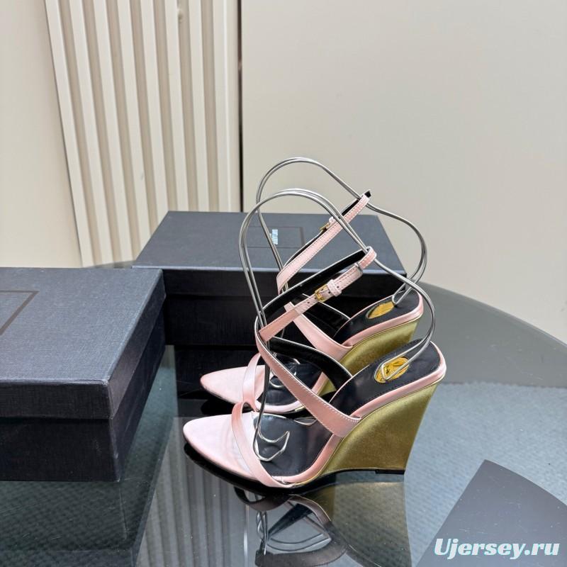 2025 Women Yves Saint Laurent Pink And Olive Silk Wedge Sandals Elegant Design KFY00290(F)
