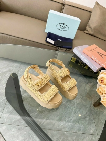 2025 Women Prada Beige Braided Leather Platform Sandals LY00300