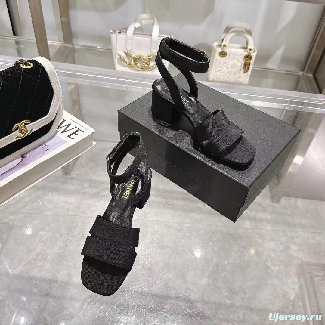 2025 Women Chanel Black Fabric Leather Sandals LY00280