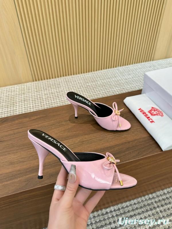 2025 Women VERSACE Pink Leather Heeled Mules LY00210