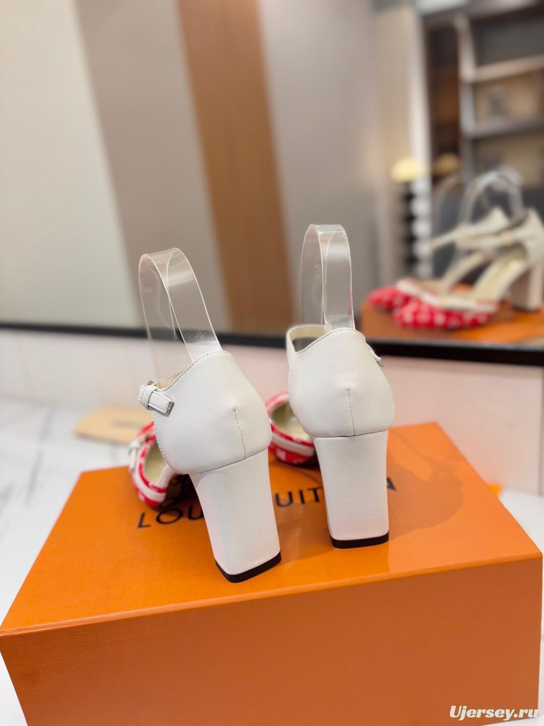 2025 Women Louis Vuitton Red White Denim Leather Heeled Sandals KFY00310