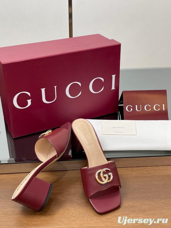 2025 Women Gucci Burgundy Leather Sandals GG Crystal LY00280