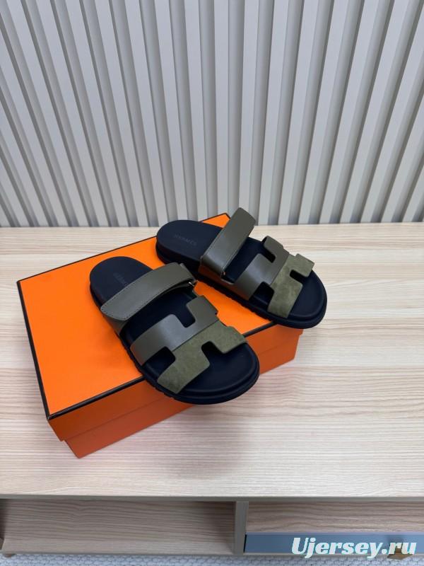 2025 Women Hermès Khaki Black Leather Slippers
