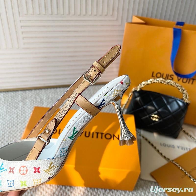 2025 Women Louis Vuitton White Multicolor Canvas Leather Slingback Pumps